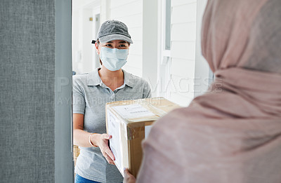 Buy stock photo Woman, mask and package delivery by home or hygiene safety for supply chain, distribution or covid. Person, hijab and box or health compliance for order for customer, logistics or online shopping