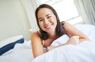 Buy stock photo Morning, portrait and woman wake up in bed on holiday or relax on vacation with happiness from nap. Healthy, rest and girl with energy ready to start weekend in house with wellness in home or hotel