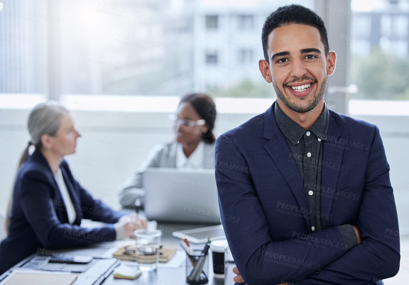 Buy stock photo Corporate, portrait and man in office, smile and employee in meeting with colleagues, confidence and accounting. Egypt, accountant and professional in suit, business and happy in workplace of bank