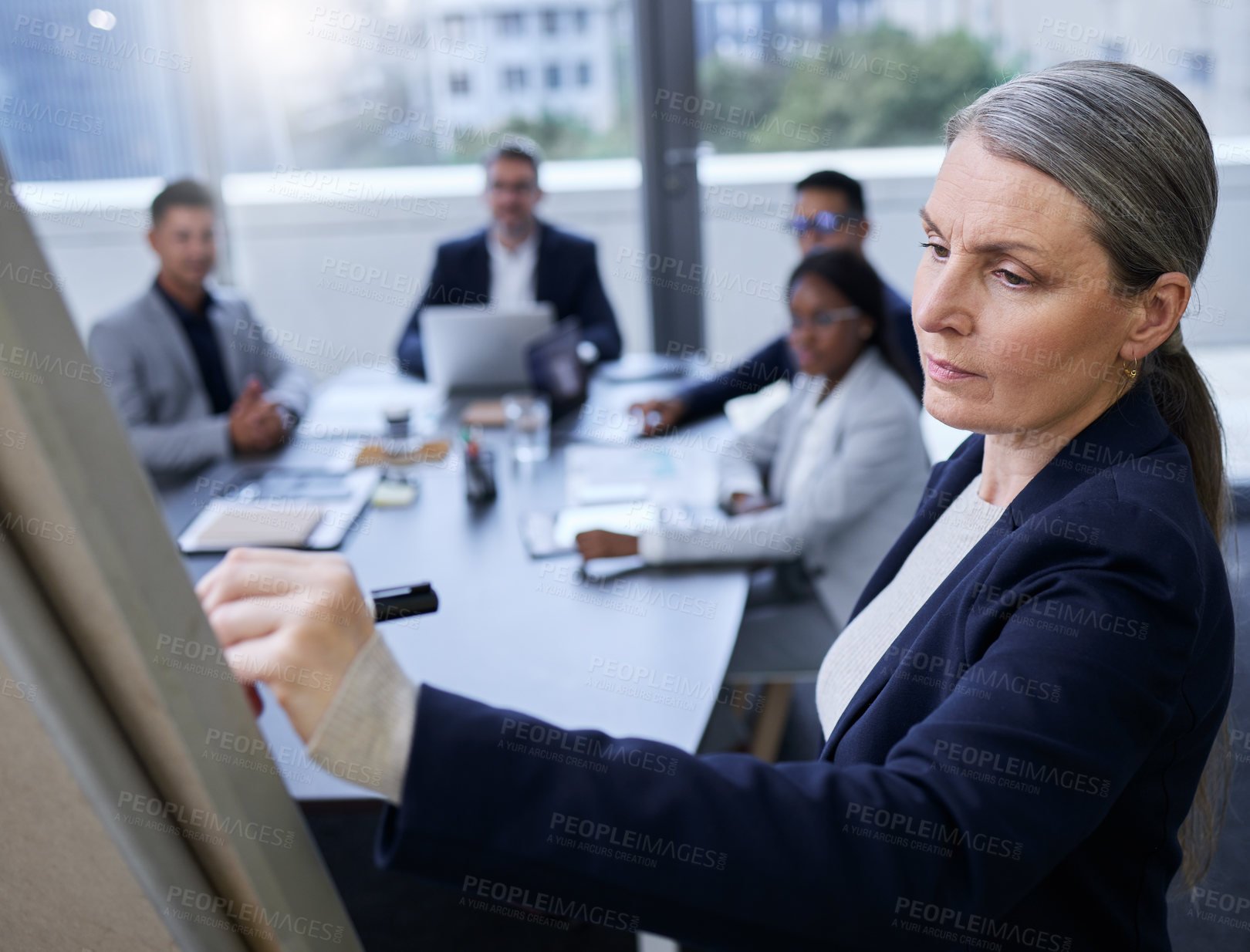 Buy stock photo Board, mature woman or business people in presentation for solution, weekly meeting or writing agenda. Coaching, mentor or director talking in office for review, feedback or teaching collaboration