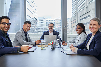 Buy stock photo Portrait of a group of businesspeople having a meeting in a boardroom