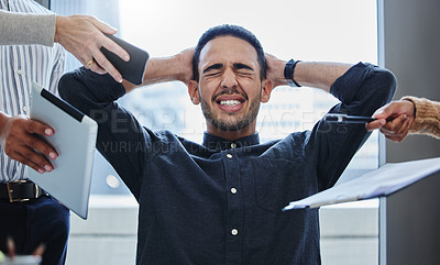 Buy stock photo Office, meeting and man with burnout in stress for audit deadline, mental health and crisis. Financial advisor, anxiety and hands of employees with accounting info for multitask, pressure and problem