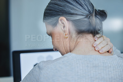 Buy stock photo Business, senior woman and neck pain with stress, health issue and overworked in modern office. Mature person, agent and financial advisor with spine injury, tired or fatigue with anxiety and burnout