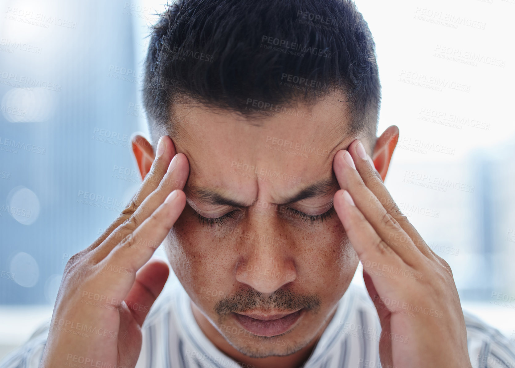 Buy stock photo Businessman, frustrated and headache with stress in office burnout, overworked and mental health Male person, employee and anxiety with hand on temples for pressure, deadline and pain of migraine