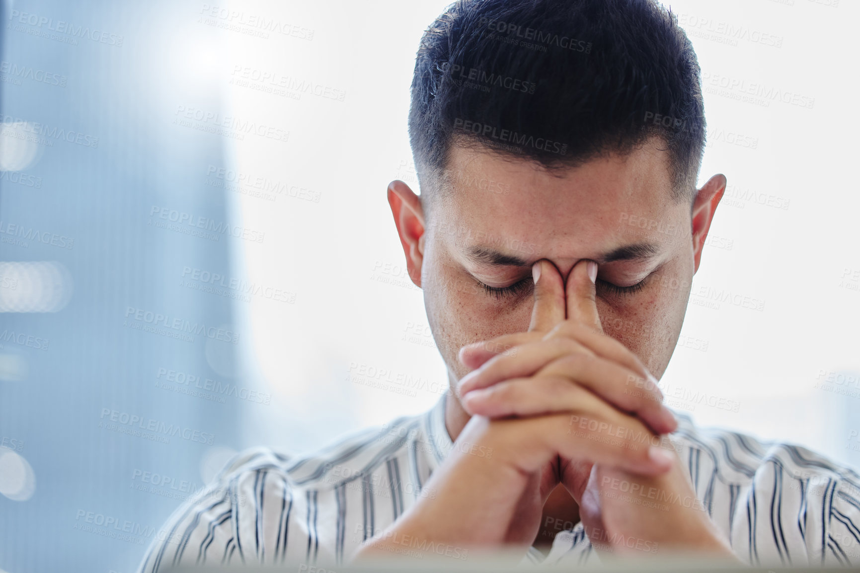 Buy stock photo Fatigue, burnout and man with headache in office from stress business conflict. Frustrated, person and migraine with brain fog in workplace and health crisis from anxiety, challenge or worry for debt