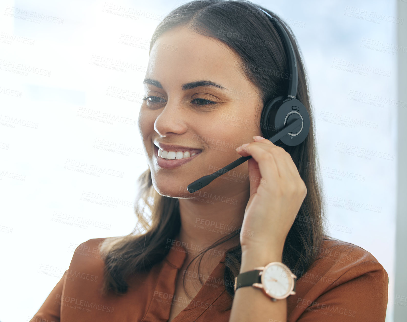 Buy stock photo Consultant, woman with headset and smile at desk in her office at workplace. Telemarketing or call center, customer service or support and happy female worker with online communication with client