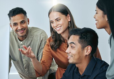 Buy stock photo Business people, computer and teamwork talk in office, group and together for collaboration. Staff, workplace and pc for feedback or review company agenda, support and employees for online proposal