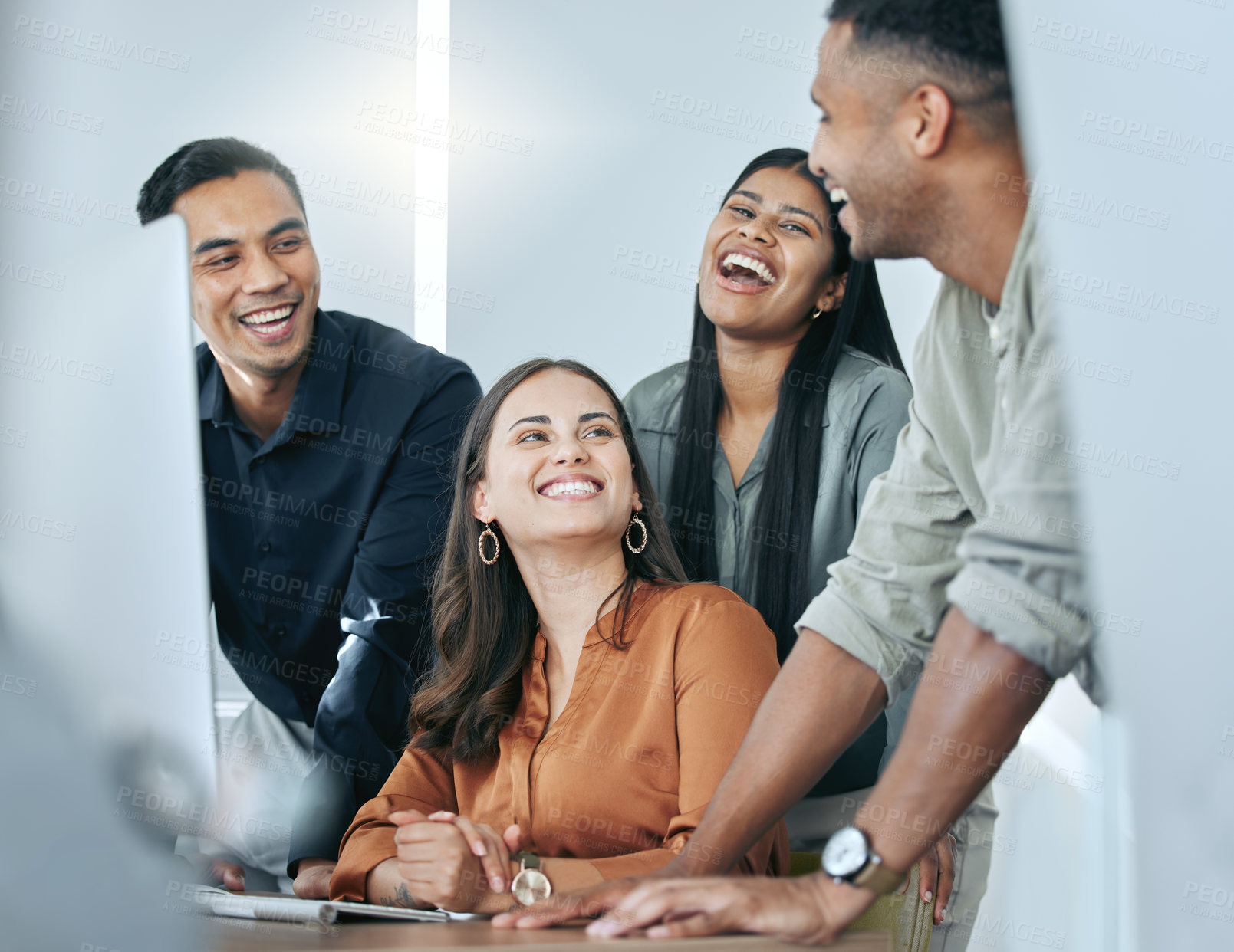 Buy stock photo Business people, computer and teamwork laugh in office, group and together for collaboration. Happy staff, workplace and pc for feedback or review company plan, support and humor for online proposal
