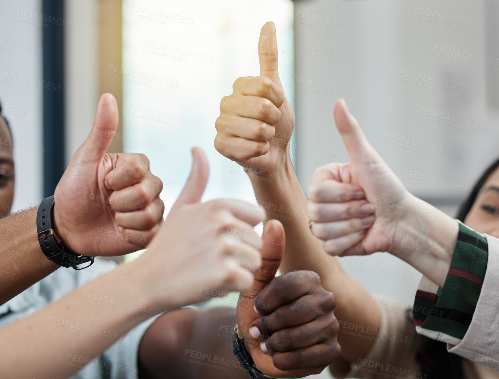 Buy stock photo Hands, team and thumbs up of business people for success, celebration or support of consultant in office together. Like, sign and gesture of group for winning, solidarity or community collaboration
