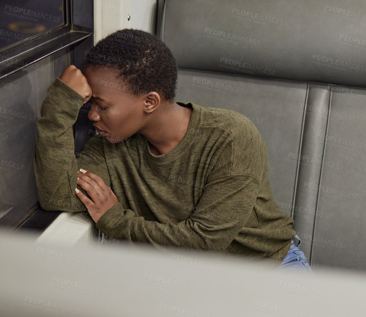 Buy stock photo Woman, depression and thinking by window in train with bad memory, sad and lonely on public transport. African girl, person and tired with anxiety, lost and stress in subway for railway journey