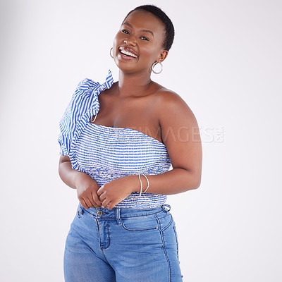 Buy stock photo Black woman, studio portrait and fashion with style inspiration, date night clothes and makeup. Happy African girl, natural beauty and clothing by white background with organic material and skin glow