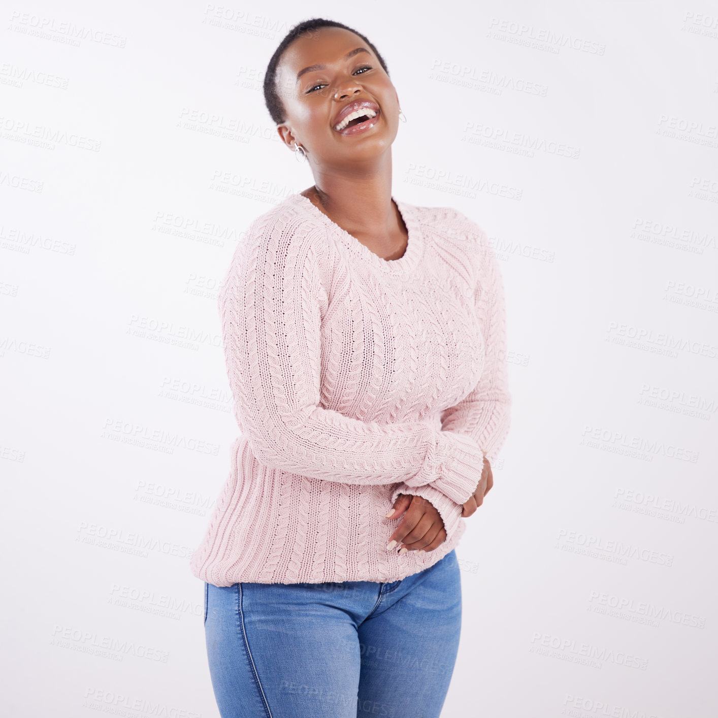 Buy stock photo Fashion, black woman and studio portrait in jersey with smile for winter style, warm outfit and comfort. Female person, happy and confident isolated in white background for mock up and trendy