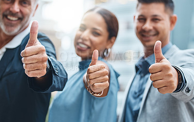 Buy stock photo People, business and thumbs up with hands for success or good job or news, thank you and agreement for project. Team, reputation and sign for approval or yes for partnership, winning and achievement.