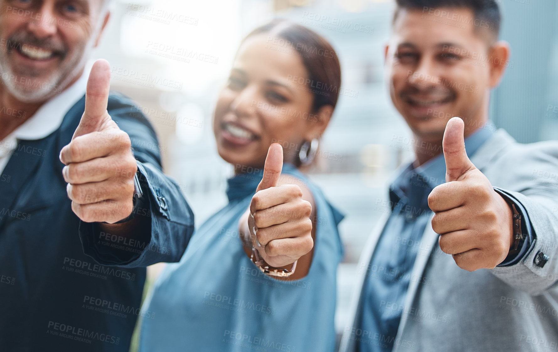 Buy stock photo People, business and thumbs up with hands for success or good job or news, thank you and agreement for project. Team, reputation and sign for approval or yes for partnership, winning and achievement.