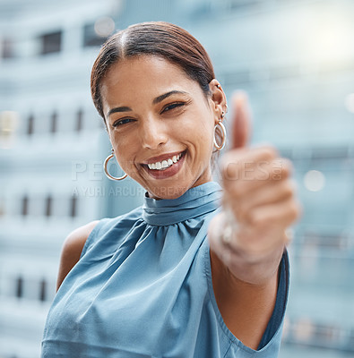 Buy stock photo Woman, business and thumbs up with hands for success or good job or news, thank you and agreement for project. Person, gesture and sign for approval or yes for partnership, winning and achievement.