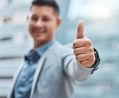 Buy stock photo Man, business and thumbs up with hands for success or good job or news, thank you and agreement for project. Person, gesture and sign for approval or yes for partnership, winning and achievement.