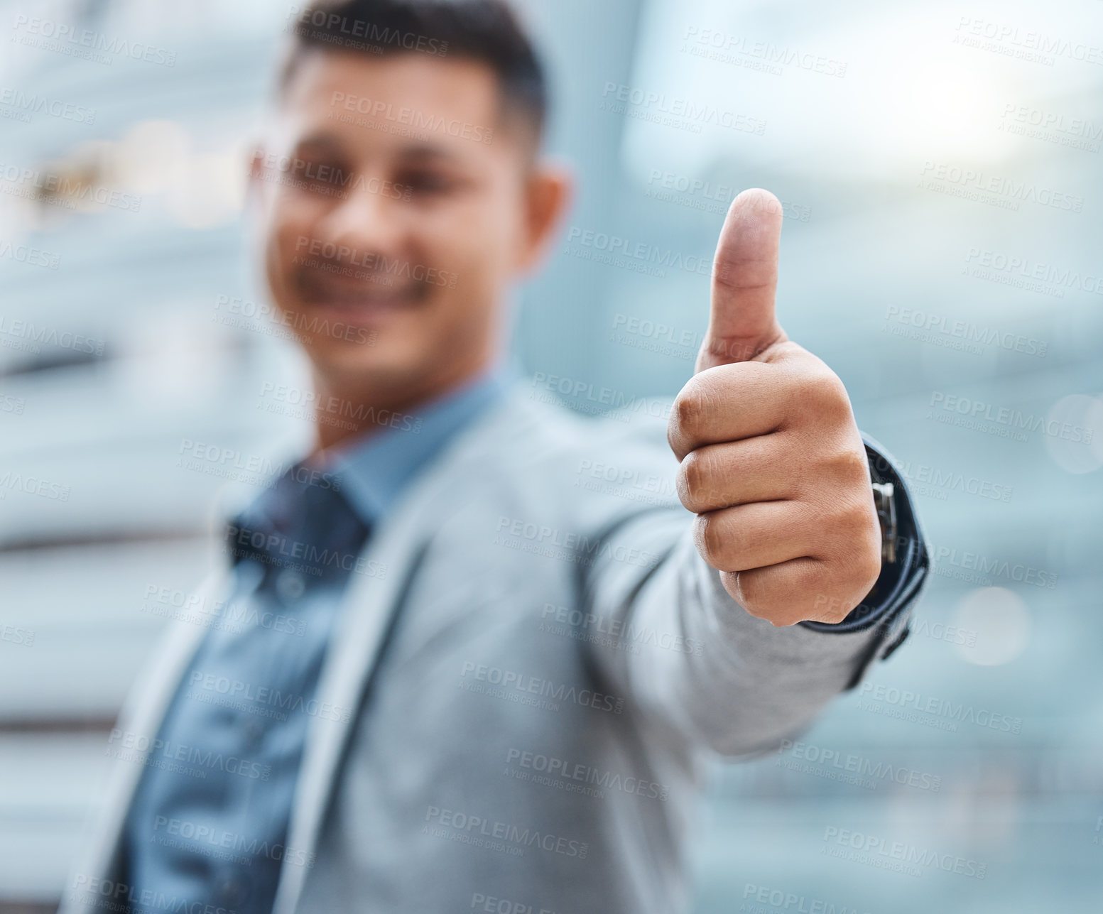 Buy stock photo Man, business and thumbs up with hands for success or good job or news, thank you and agreement for project. Person, gesture and sign for approval or yes for partnership, winning and achievement.