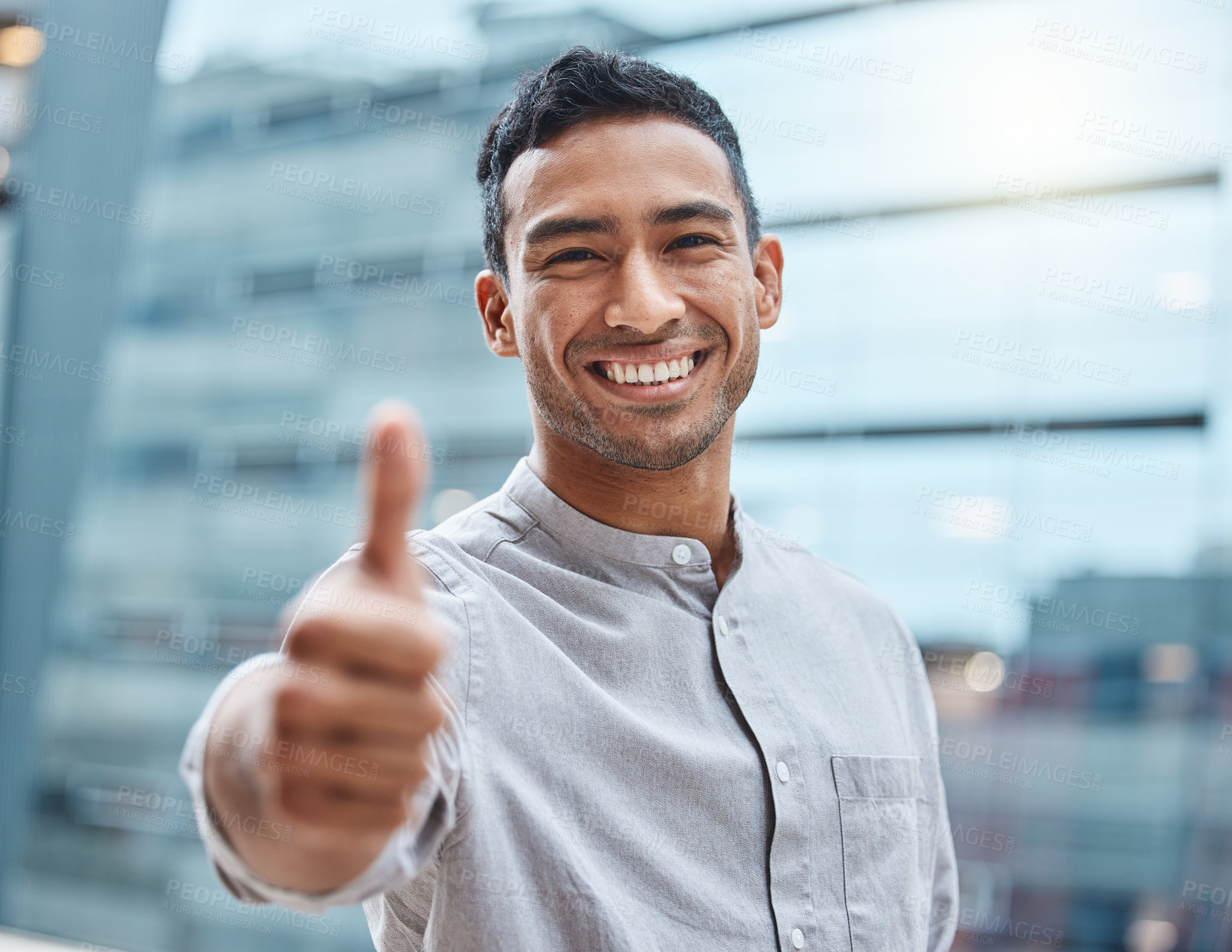 Buy stock photo Portrait, happy businessman and thumbs up in city for success, support or agreement emoji outdoor in Mexico. Face, like hand and sign of professional salesman with feedback, review or thank you vote