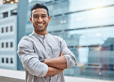 Buy stock photo Portrait, smile and businessman in city with arms crossed for confidence, entrepreneurship or start up. Male person, happy and proud with company progress for career, job or corporate employment