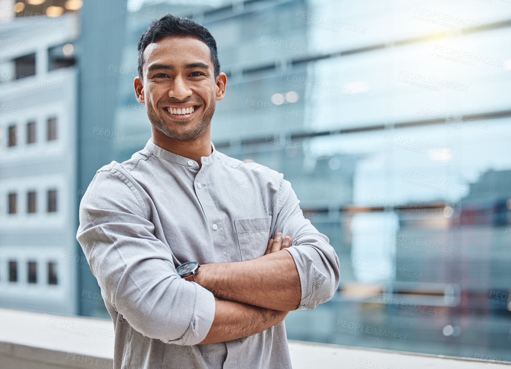 Buy stock photo Portrait, smile and businessman in city with arms crossed for confidence, entrepreneurship or start up. Male person, happy and proud with company progress for career, job or corporate employment