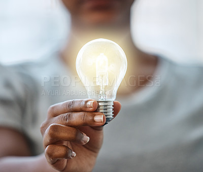 Buy stock photo Business, woman and hand with light bulb for idea, innovation and creative knowledge for vision for sustainability. Growth, solution and renewable energy, electricity and power saving for eco plan