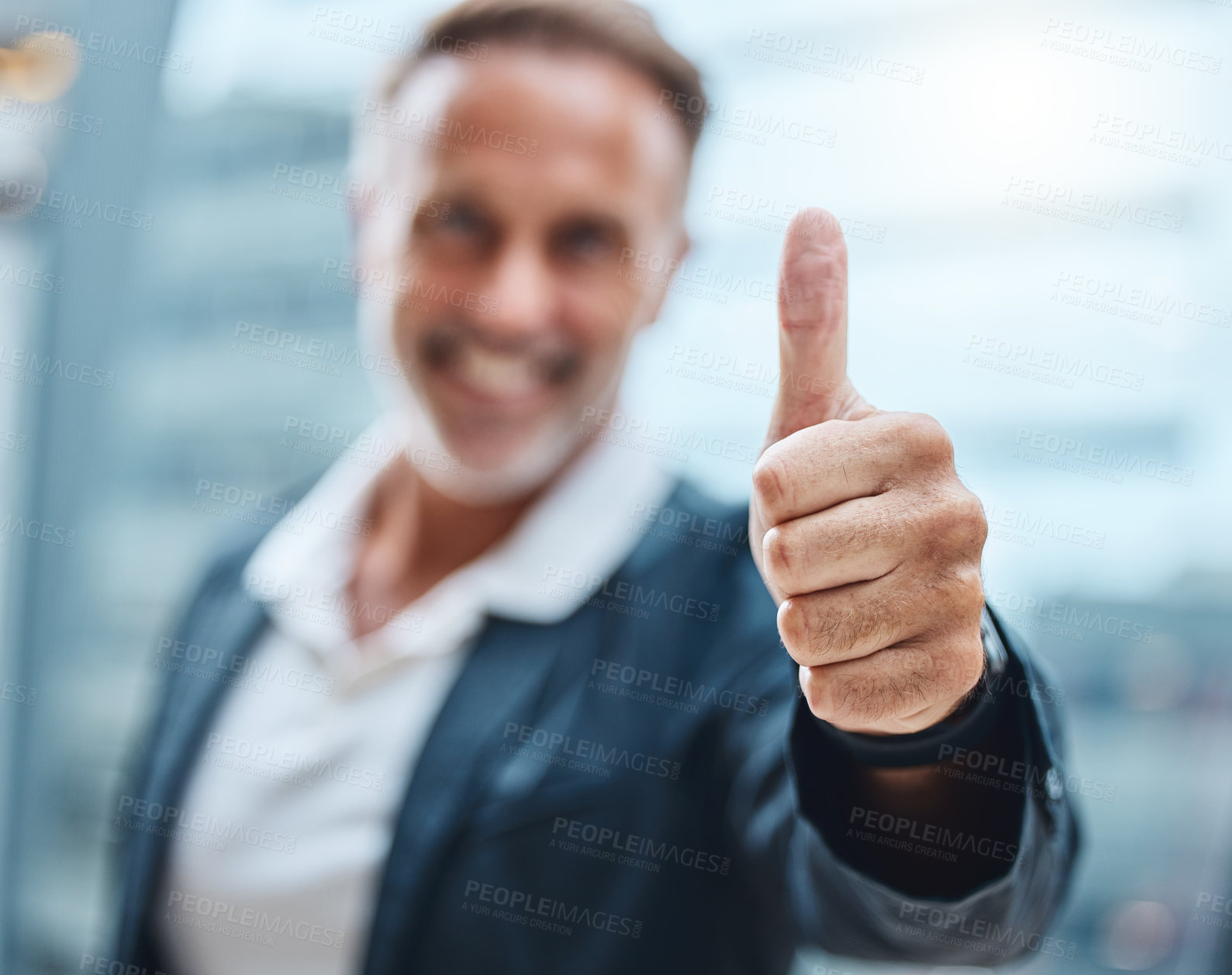 Buy stock photo Person, business and thumbs up with hands for success or good job or news, thank you and agreement for project. Man, gesture and sign for approval or yes for partnership, winning and achievement.