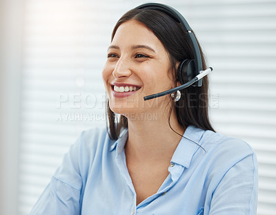 Buy stock photo Call center, about us or woman consulting in office for customer support, crm or b2b networking. Telemarketing, insurance or consultant in friendly faq service, inbound marketing or virtual assistant