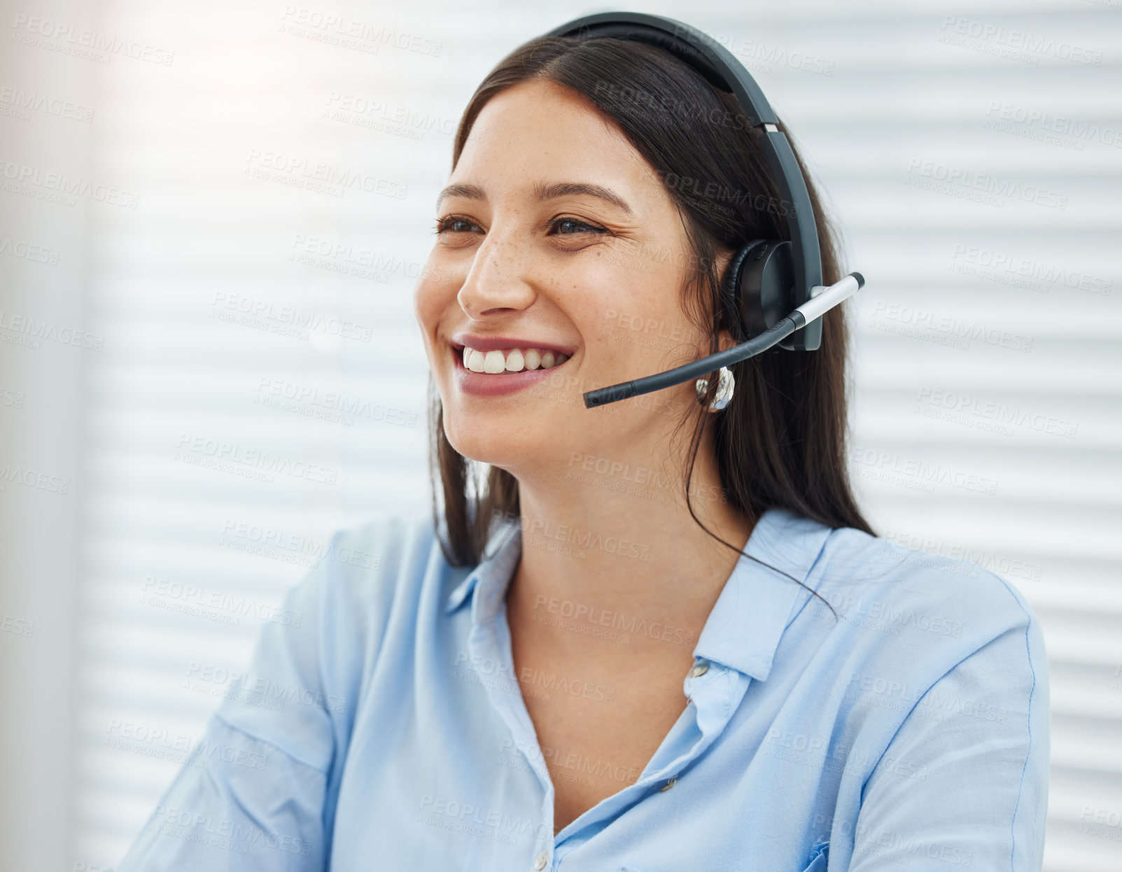 Buy stock photo Call center, about us or woman consulting in office for customer support, crm or b2b networking. Telemarketing, insurance or consultant in friendly faq service, inbound marketing or virtual assistant