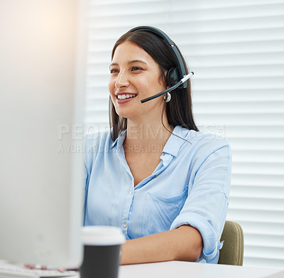 Buy stock photo Computer, sales or happy woman consultant in call center talking or networking online in a telecom office. Smile, support or virtual assistant in communication or conversation at customer services