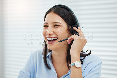 Buy stock photo Computer, laughing or happy woman consultant in call center talking or networking online in telecom. Funny joke, support or virtual assistant in communication or conversation at customer services