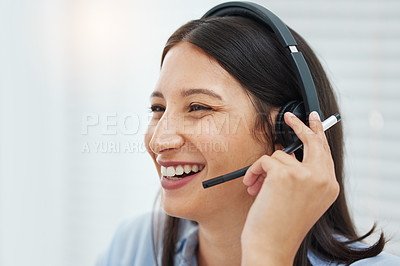 Buy stock photo Call center, customer service and woman consulting in office for crm, support or b2b networking. Telemarketing, insurance or consultant with friendly faq help, inbound marketing or virtual assistant