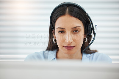 Buy stock photo Computer, serious or face of woman consultant in call center talking or networking online in telecom office. Contact us, reading or virtual assistant in communication for research at customer service