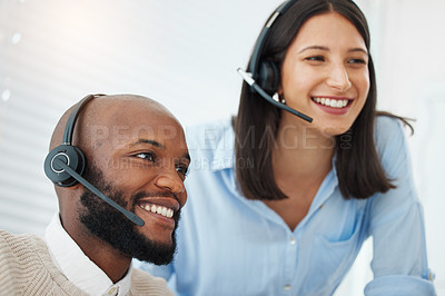 Buy stock photo Contact us, call center and business people in office for training, learning or customer service advice. Telemarketing, coaching or man with lead generation mentor for crm, teaching or faq management