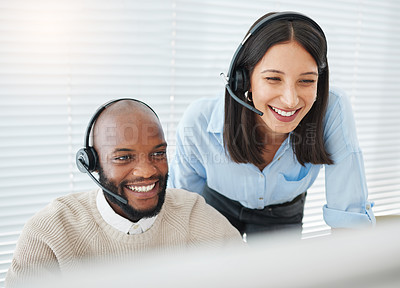 Buy stock photo Training, smile or people consulting in call center for advice, talking or networking online in telecom. Happy, teamwork or sales agent learning on computer for coaching help or customer services