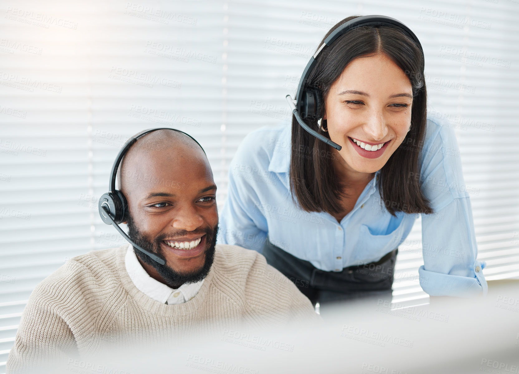 Buy stock photo Training, smile or people consulting in call center for advice, talking or networking online in telecom. Happy, teamwork or sales agent learning on computer for coaching help or customer services