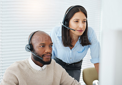 Buy stock photo Training, computer or people consulting in call center for advice, telecom business or networking online. Search, teamwork or sales agent learning telemarketing for coaching help or customer service