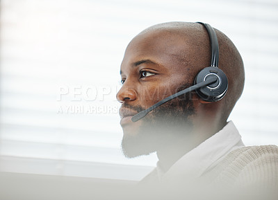 Buy stock photo Profile, headset or black man consulting in call center networking online on computer in telecom agency. Face, sales support or virtual assistant in communication or conversation at customer services