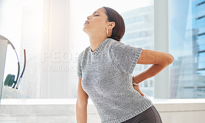 Buy stock photo Stress, fatigue or woman in call center with back pain injury while working in telecom help desk office. Consultant, injured agent or tired sales girl with muscle ache emergency, burnout or accident 