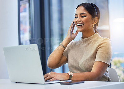 Buy stock photo Agent, happy woman and video call at laptop in office for customer service, sales consulting and questions. Telemarketing, female consultant and communication at computer for virtual telecom advisory