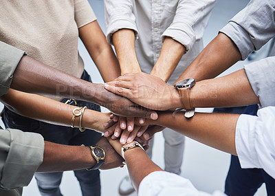 Buy stock photo Hands, support and people together for teamwork, solidarity or group collaboration from above. Workforce, diversity and networking in community, business or company staff huddle for team building