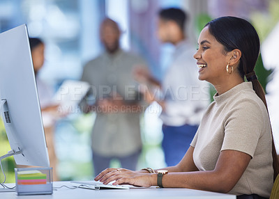 Buy stock photo Business, happy woman and working on computer in busy office for online planning, internet research and website information. Female worker, smile and typing on desktop, pc and tech for administration