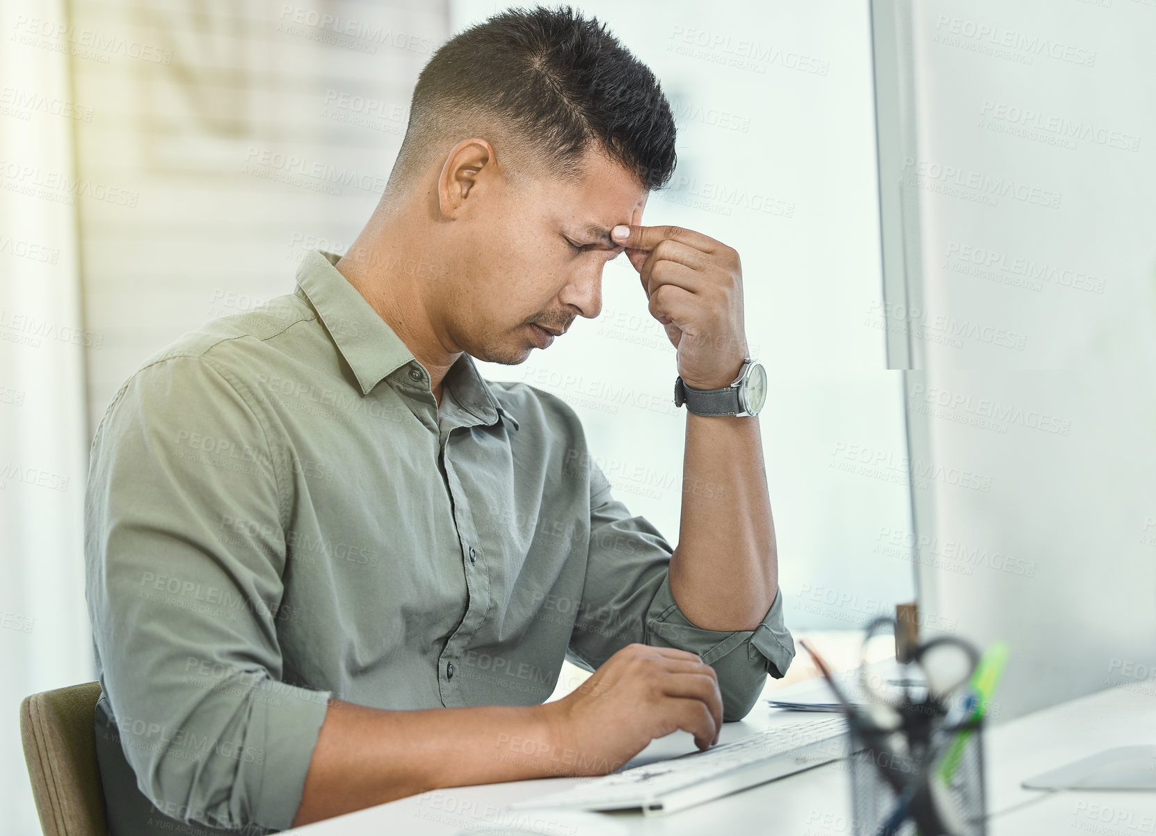 Buy stock photo Burnout, fatigue and businessman with headache in office from stress of accounting, taxes and debt. Frustrated, man and tired accountant with pain of migraine from mistake or error in work or finance