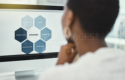 Buy stock photo Business woman, reading and screen with strategy, process or cycle on monitor at office. Female person or employee working on computer display for corporate marketing or development at workplace