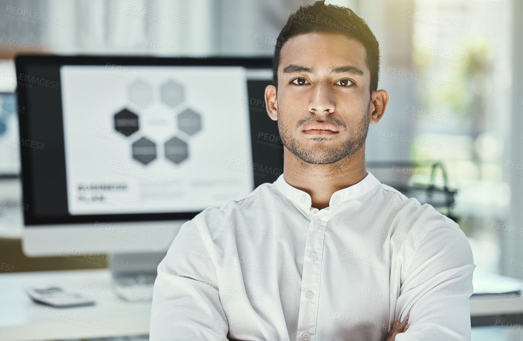 Buy stock photo Portrait, businessman and serious in office with computer screen for research, analysis and project. Male developer, software and technology in workplace for review, media and  company website design