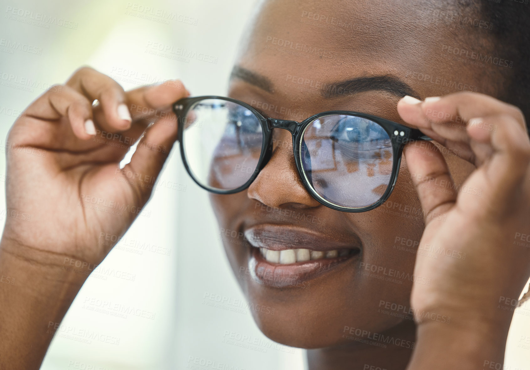 Buy stock photo Eye care, exam and black woman with glasses at store for vision, optometry or prescription lens. Retail, wellness and customer with spectacles frame for optics, eyesight or ophthalmology testing