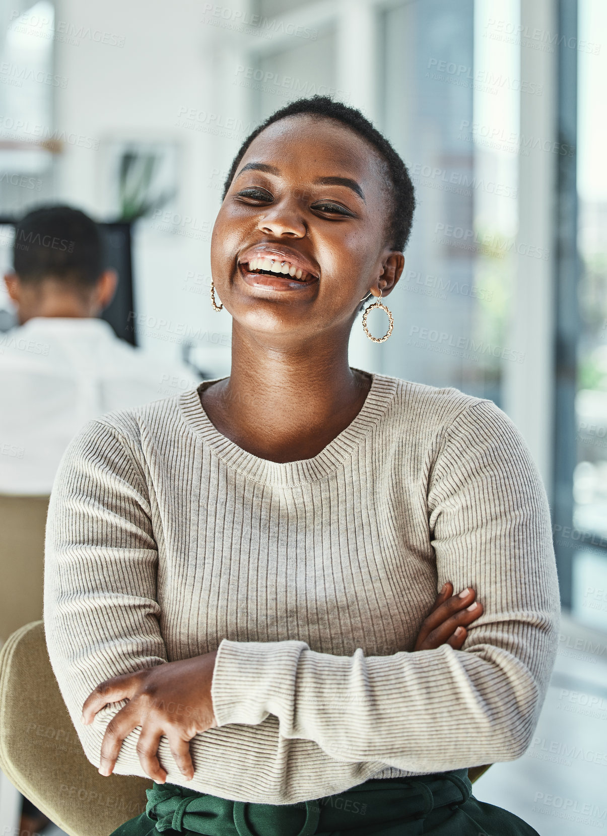 Buy stock photo Portrait, business and black woman with arms crossed, funny and confidence in modern office. African person, face or employee with pride, laughing and startup with career ambition or creative agency