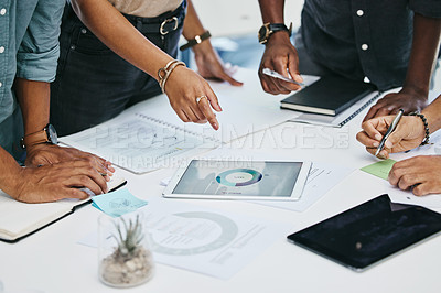 Buy stock photo Tablet, meeting and people hands for statistics, pie chart or graph in business growth, profit or project sales review. Teamwork, increase and data analysis of woman, digital agency and team planning