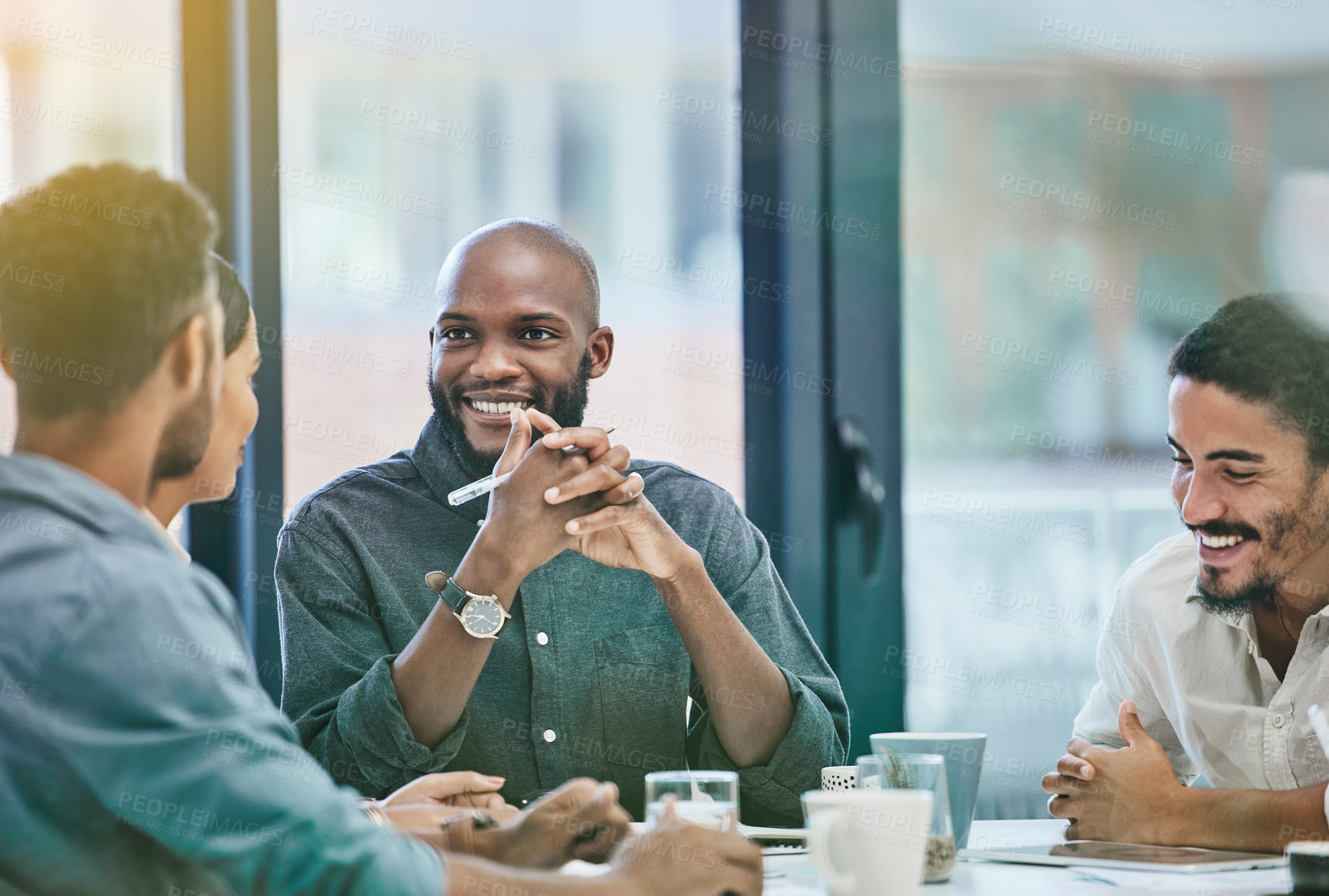 Buy stock photo Happy, meeting and business people for planning, brainstorming and staff collaboration, ideas and group talking. Speaking, laughing and diversity team, men and women, company workflow and discussion