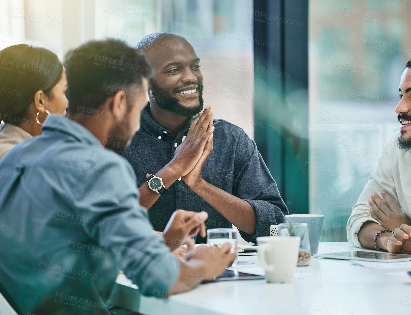 Buy stock photo Business meeting, happy man and team planning, brainstorming and staff collaboration, ideas and talking. Startup, agenda and group of people with company workflow, project ideas and job discussion