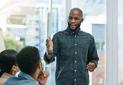 Buy stock photo Presentation, planning and training with black man in business meeting for motivation, mentor and leadership. Teamwork, conference and speaker with employee in workshop for mission, project and idea